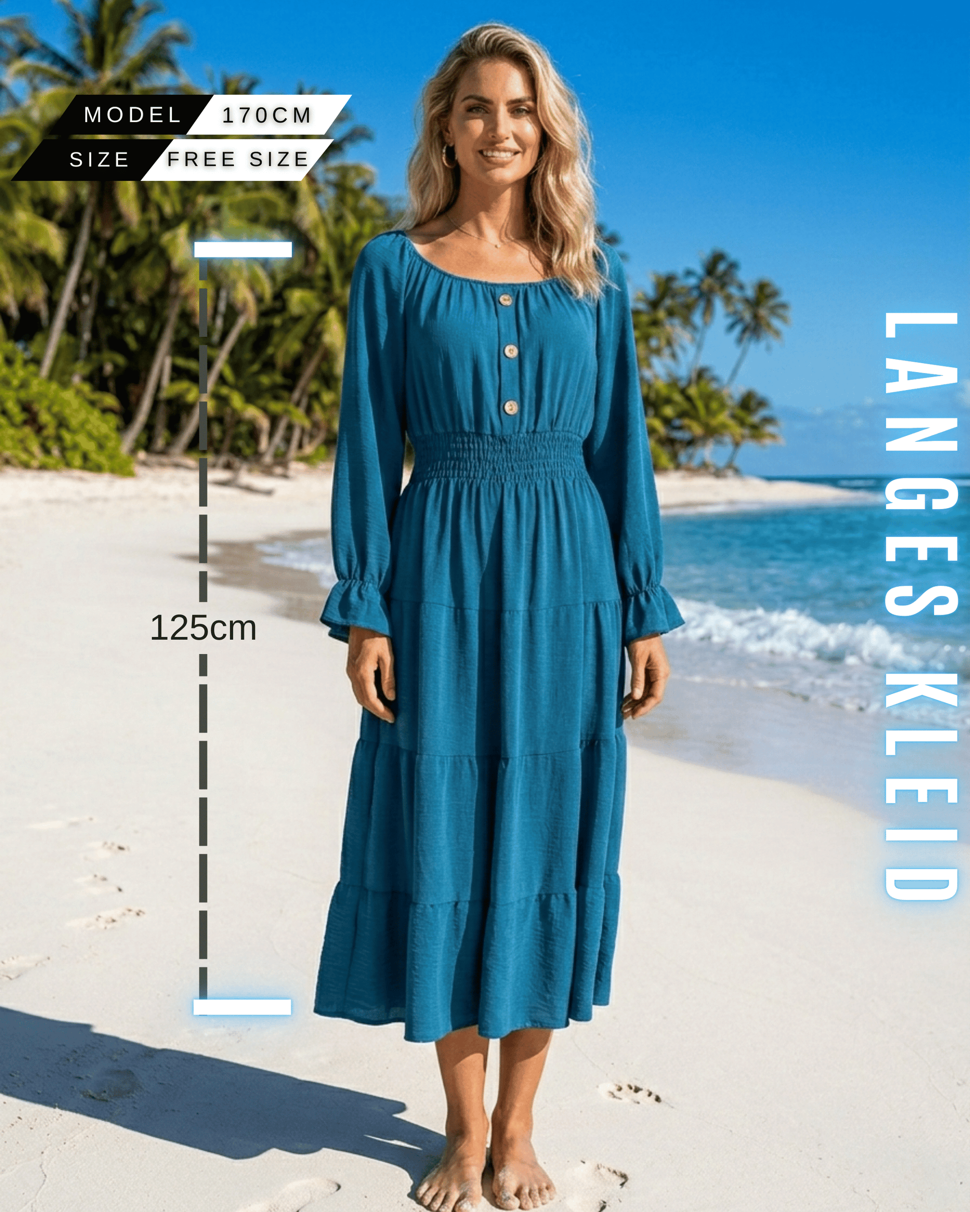 ELEXUA Maxikleid in Blau, 125cm Länge, mit langen Ärmeln und gerafften Manschetten – ideales Sommerkleid für Damen.