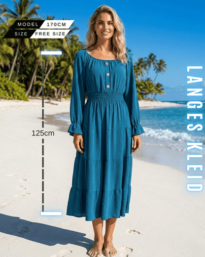 ELEXUA Maxikleid in Blau, 125cm Länge, mit langen Ärmeln und gerafften Manschetten – ideales Sommerkleid für Damen.