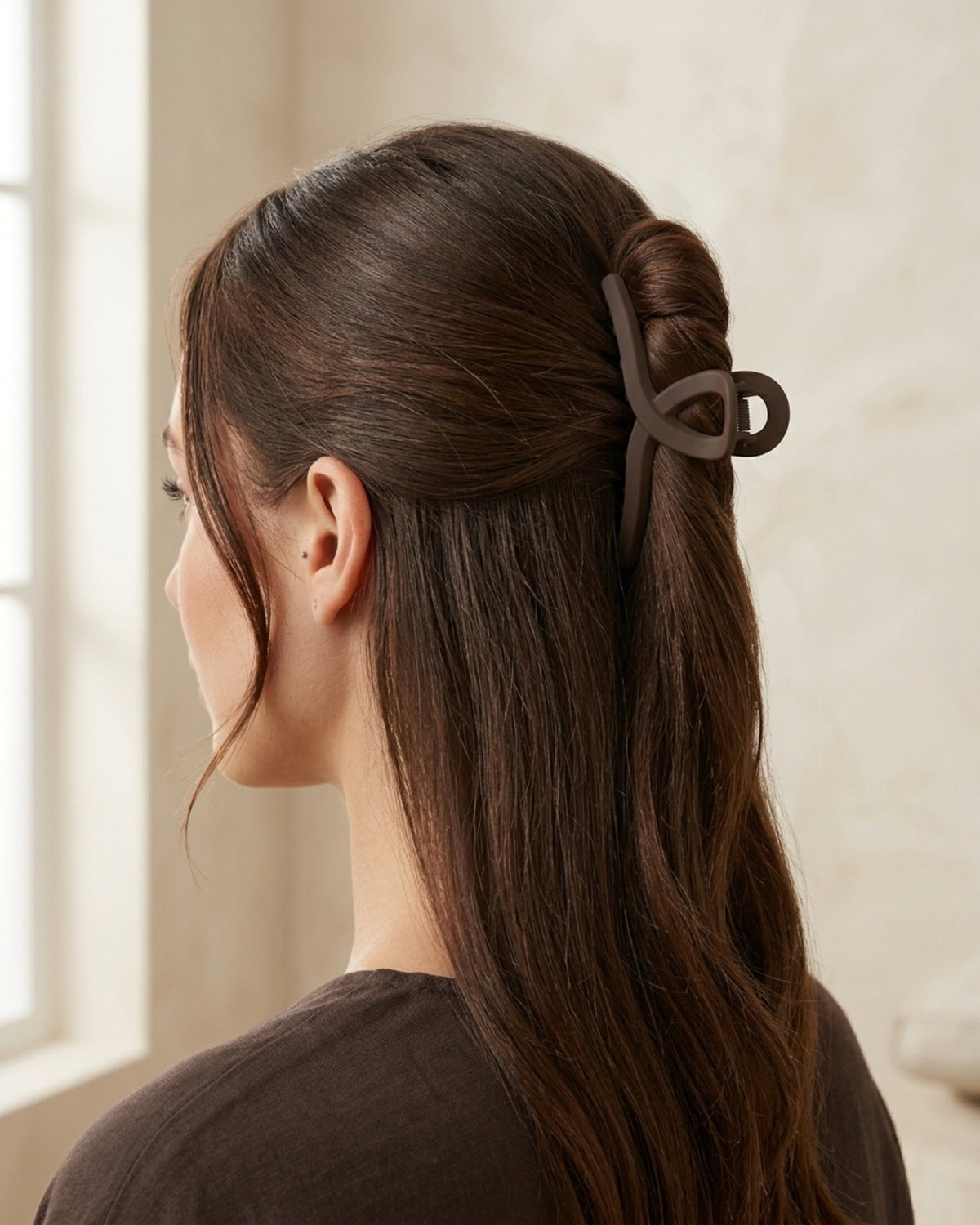 Brünettes Model mit eingedrehter Hochsteckfrisur gehalten von einer braunen Hair Claw