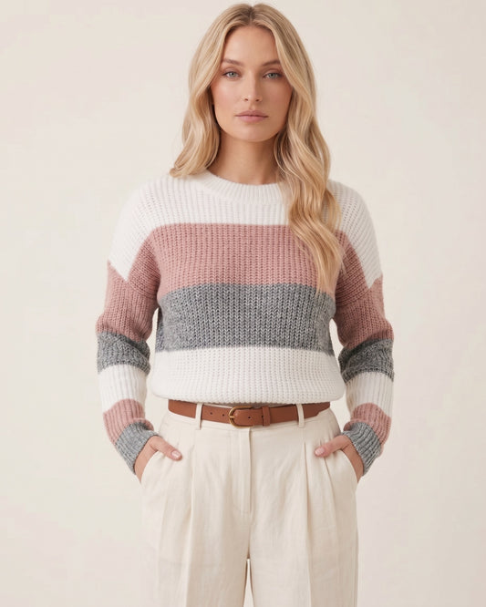 Blondes Model trägt dreifarbigen Strickpullover mit Blockstreifen in Rosé, Grau und Weiß zu beiger Chino