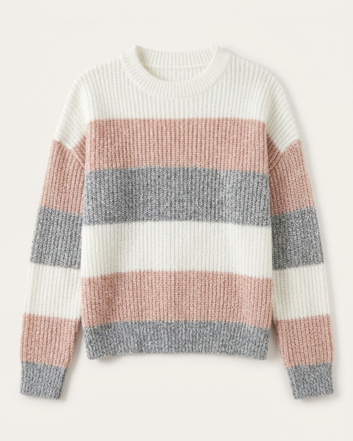 Damen Grobstrickpullover mit breiten Querstreifen in Altrosa, Grau meliert und Cremeweiß freigestellt