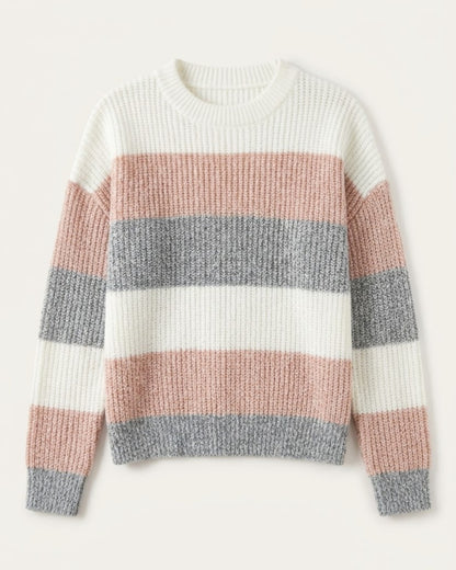 Damen Grobstrickpullover mit breiten Querstreifen in Altrosa, Grau meliert und Cremeweiß freigestellt