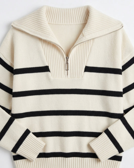 Gestreifter Damen Strickpullover mit geöffnetem Reverskragen und silbernem Zipper