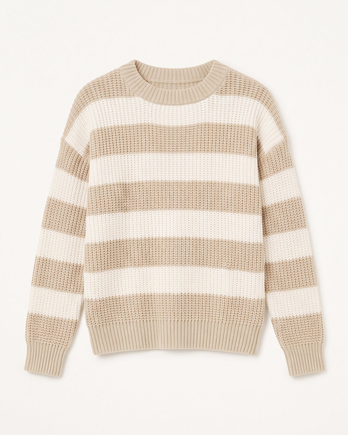 Freigestellter Damen Pullover mit beigen und weißen Blockstreifen und Rundhals