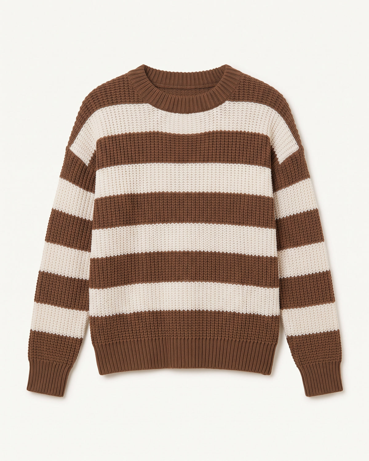 Damen Strickpullover mit breiten Blockstreifen in Schokobraun und Cremeweiß freigestellt