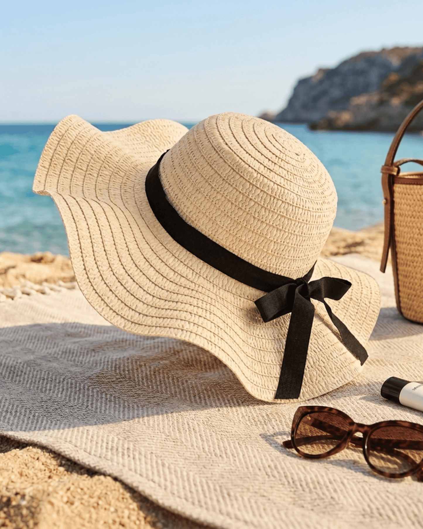 Der LUNA Sonnenhut auf einer Strandmatte neben Sonnenbrille und Tasche am Meer.