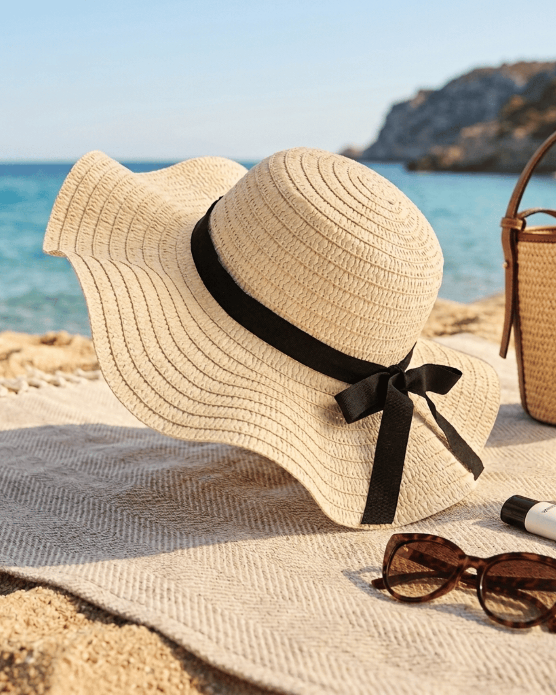 Der LUNA Sonnenhut auf einer Strandmatte neben Sonnenbrille und Tasche am Meer.