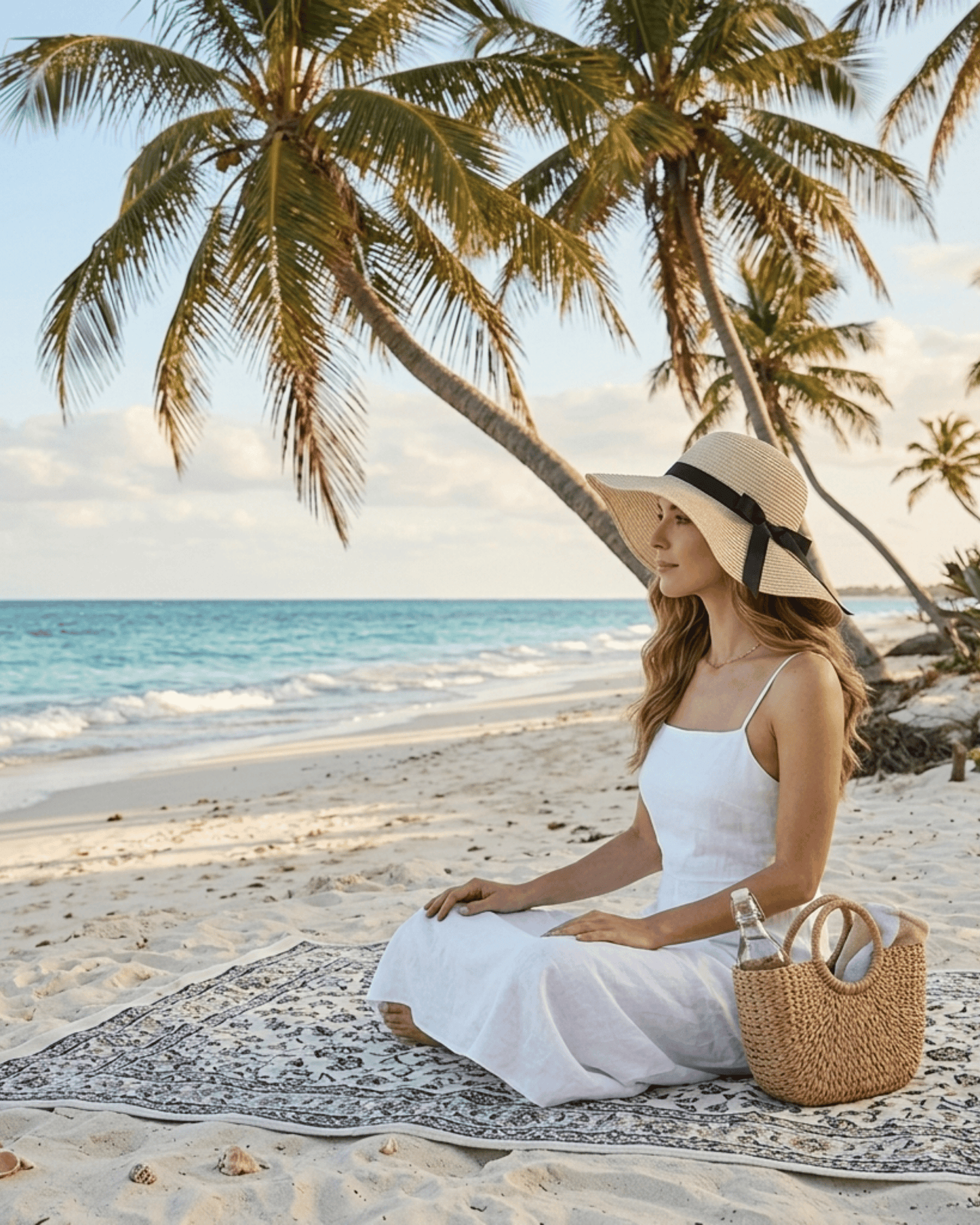 Frau im weißen Kleid mit dem LUNA Strohhut, sitzend am tropischen Strand mit Palmen.