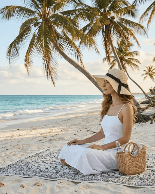 Frau im weißen Kleid mit dem LUNA Strohhut, sitzend am tropischen Strand mit Palmen.
