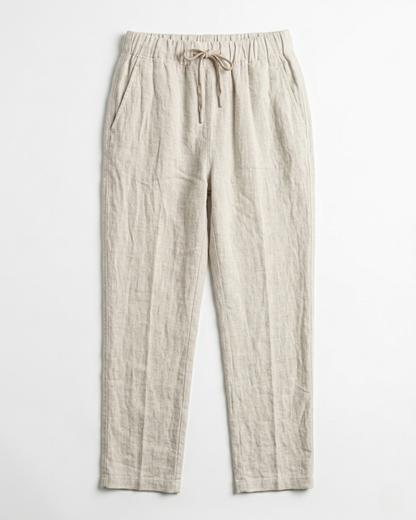 Frontalansicht der flach liegenden Leinenhose in Natur-Beige.