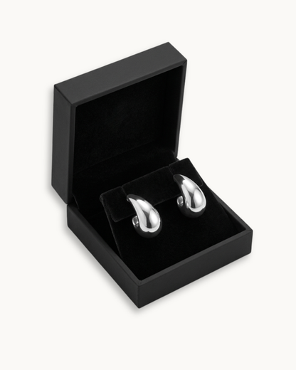 Die silbernen Ohrringe in einer eleganten schwarzen Schmuckbox.