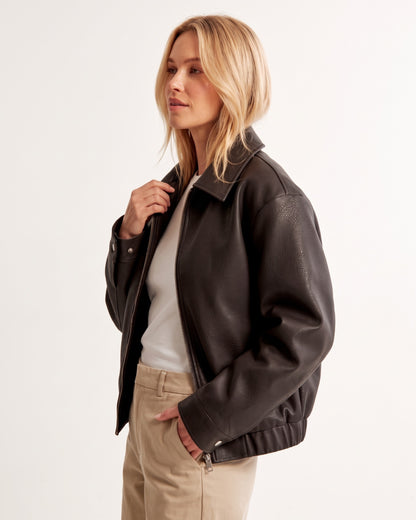 Lässige braune PU-Lederjacke mit elastischem Saumbund und Reißverschluss