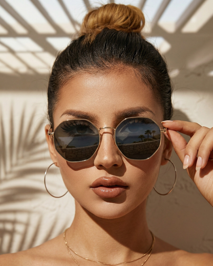 Porträt einer Frau mit der geometrischen Retro Sonnenbrille im hellen Sonnenlicht.