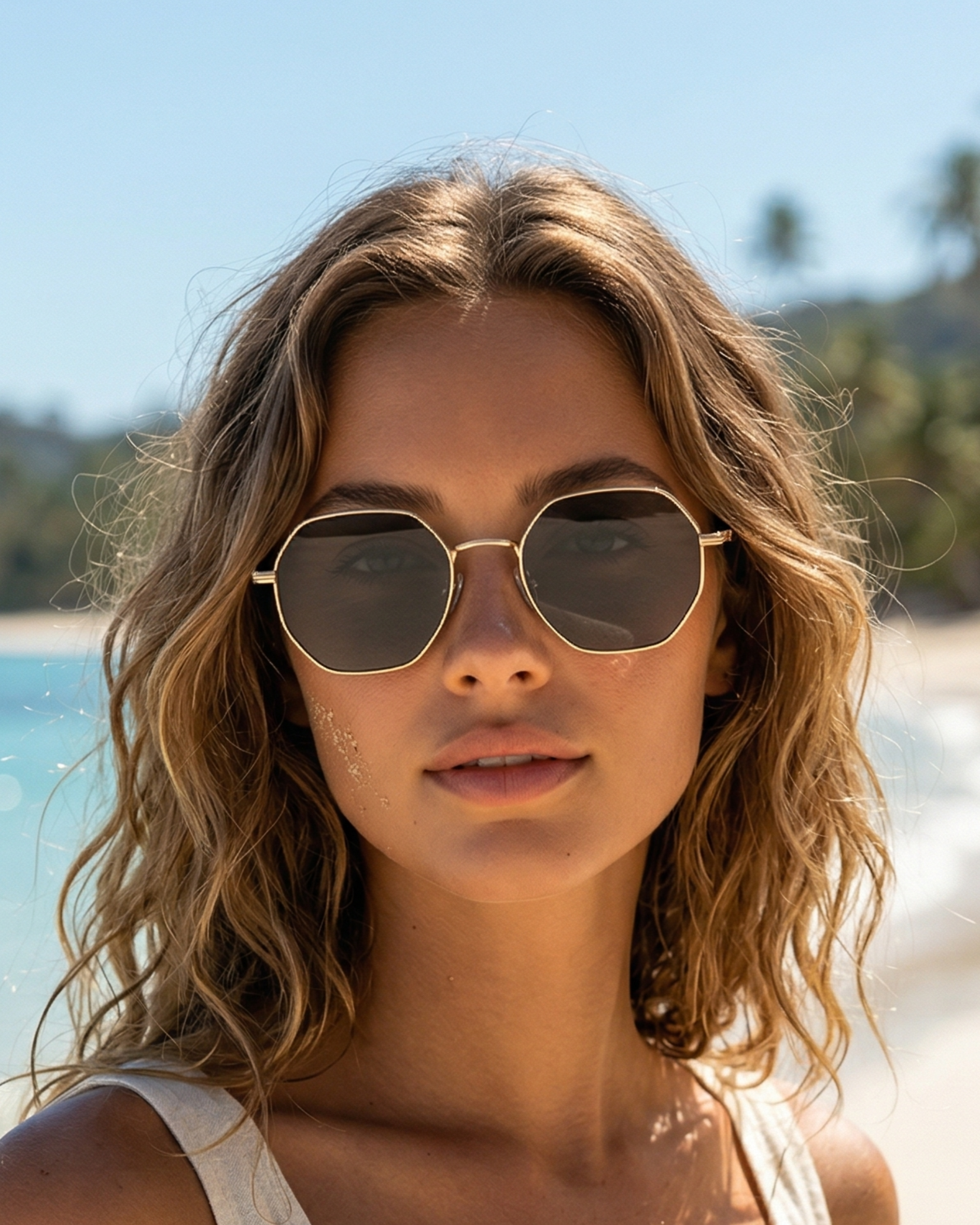 Nahaufnahme der Retro Sonnenbrille auf einem Modell mit lockigen Haaren am Meer.