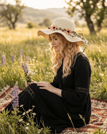Seitenansicht-Profil eines Models in einer Wiese, das den ELEXUA „FLORA“ Hut mit Fokus auf das zarte Blumenband trägt.