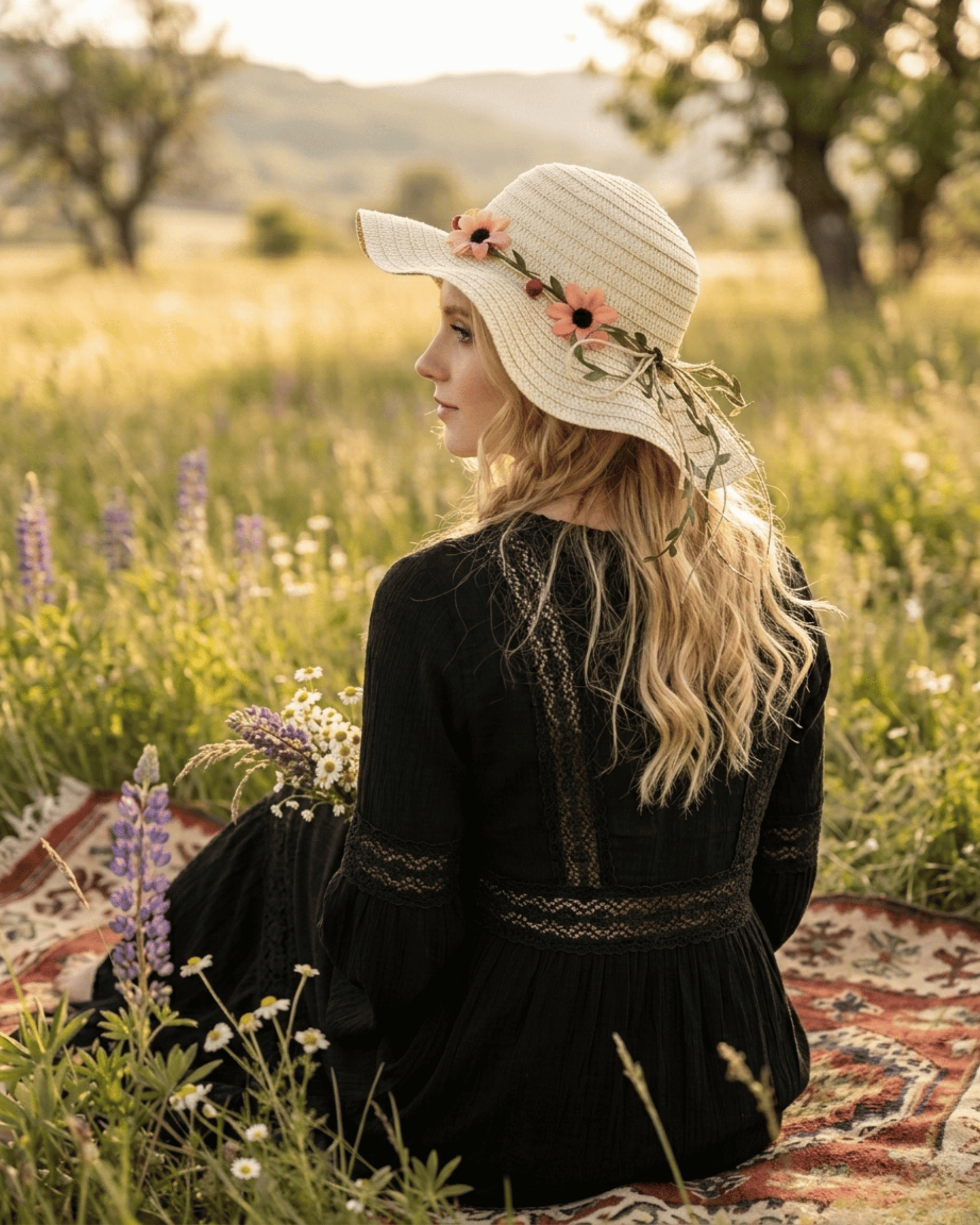 Rückansicht eines Models, das auf einem Teppich in einer Wiese sitzt, mit Fokus auf die Rückseite des ELEXUA „FLORA“ Huts und das Blumenband.