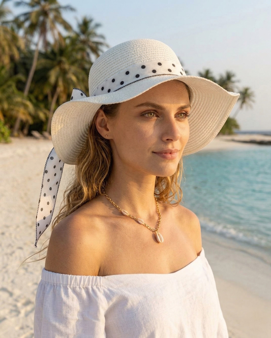 Seitenansicht des DOTTY Huts mit Fokus auf das gepunktete Band und die Schleife.