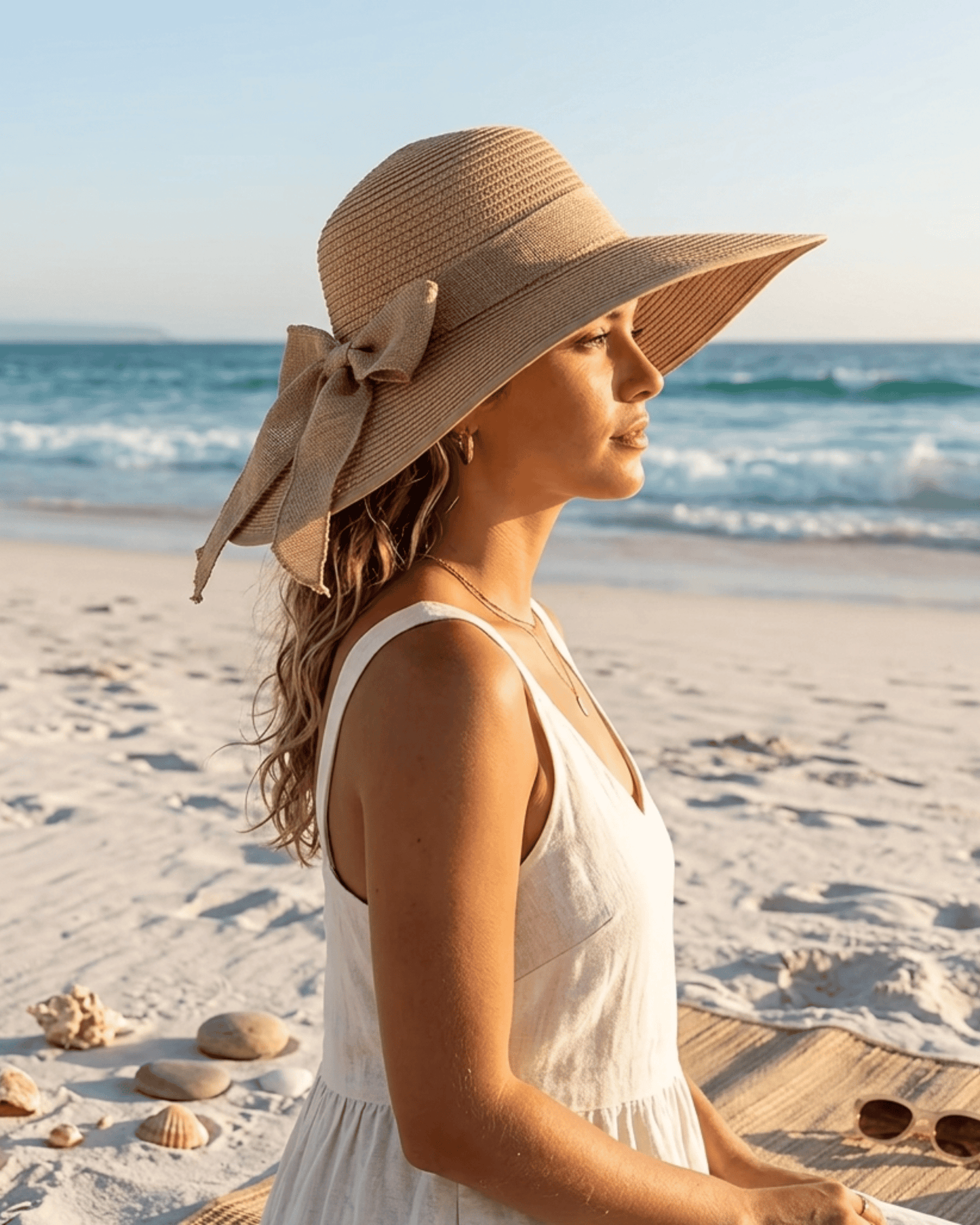 Seitenprofil-Ansicht einer Frau am Strand, die einen beigen Damen-Strohhut mit großer Schleife trägt.