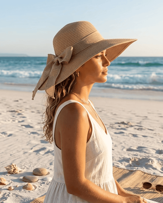 Seitenprofil-Ansicht einer Frau am Strand, die einen beigen Damen-Strohhut mit großer Schleife trägt.