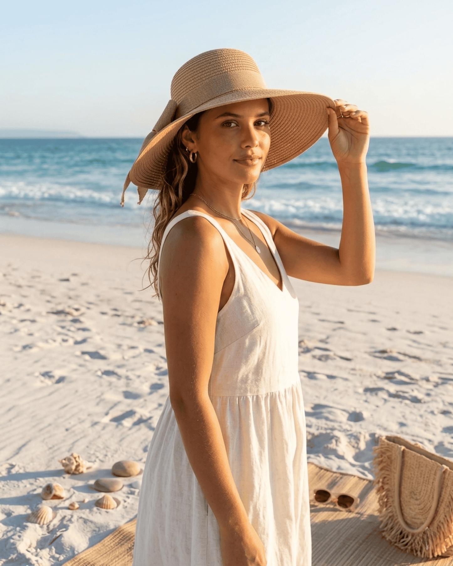 Vorderansicht einer Frau, die am Strand sitzt, einen beigen Strohhut mit großer Schleife trägt und ihn zurechtrückt, mit Strandzubehör.