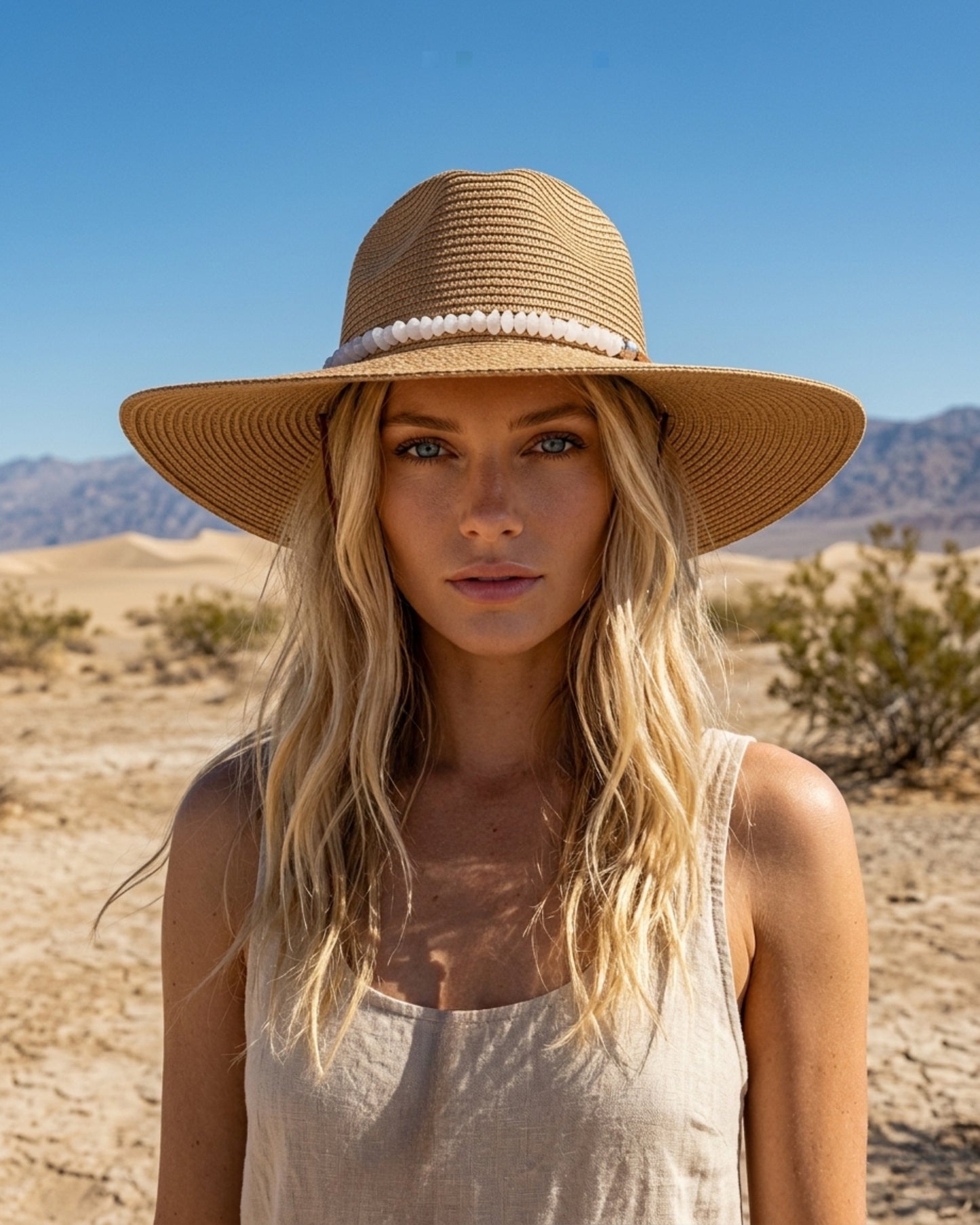 Frontalaufnahme einer Frau im hellen Top, die den geformten Sonnenhut „Milos“ mit breiter Krempe trägt.