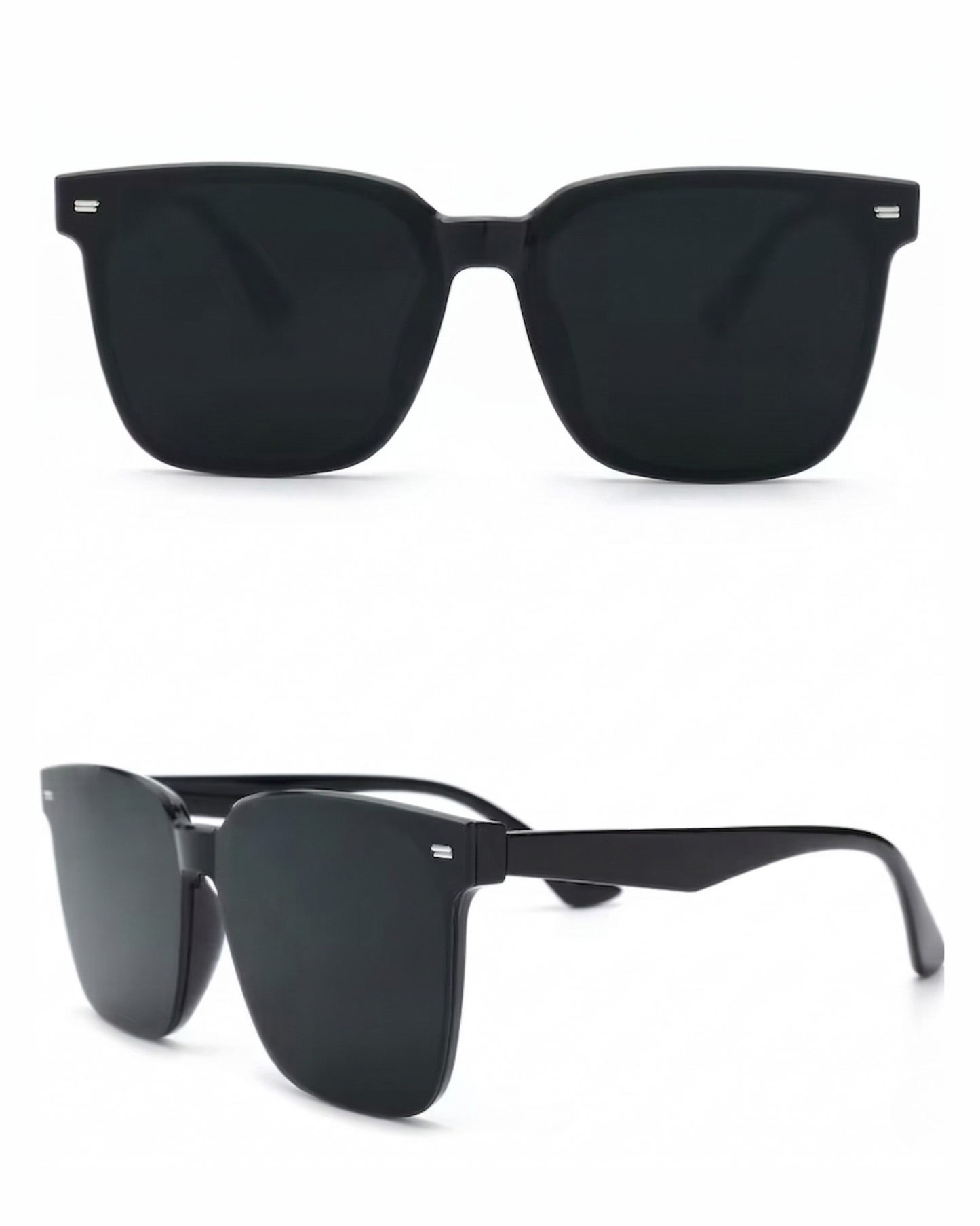 Kollagenbild eine klassische Schwarze Brille auf einem weißen Studio-Hintergrund von Frontalseite und Seitensicht.