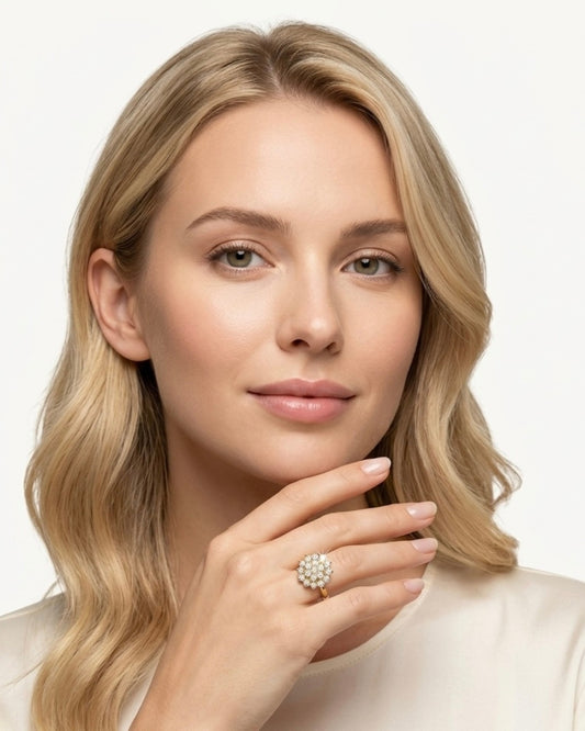 Porträtaufnahme einer blonden Frau, die ihre Hand elegant an das Kinn legt und den großen, funkelnden Zirkonia-Blütenring trägt.